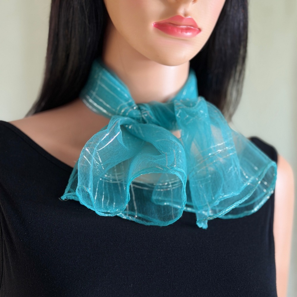 Vtg 90s Blue Sheer Organza Square Scarf Metallic Silver Windowpane Neckerchief